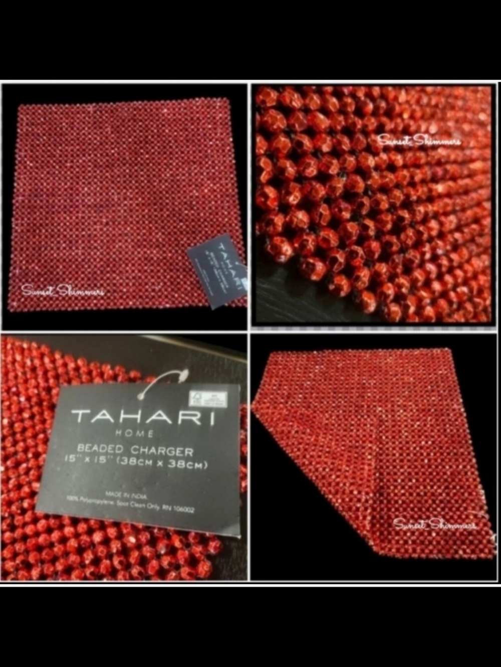 4 TAHARI RED Shimmer Luxe Square Beaded Placemats Chargers NEW